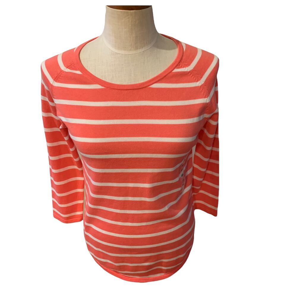 Jeanne Pierre Cotton Crewneck Sweater Coral Pink Stripe S